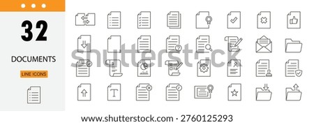 Documents icons set representing files, reports, paperwork, records, documentation, archive and office management. Editable Stroke.