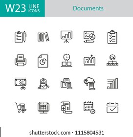 Documents icons. Set of twenty line icons. Invoice, diagram, report. Document work concept. Vector illustration can be used for topics like analysis, statistics, research.