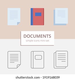 Documents icons - three simple icons (paper sheet, book or folder, few papers) in color and outline that can be used to indicate office work, paper work, information, learning, etc.