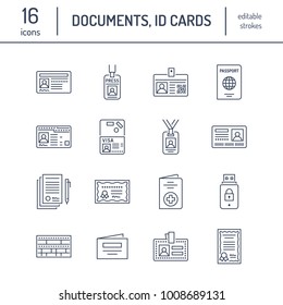 Documents, identity vector flat line icons. ID cards, passport, press access student pass, visa, migration certificate, token, legal contract illustration. Notarial office signs.