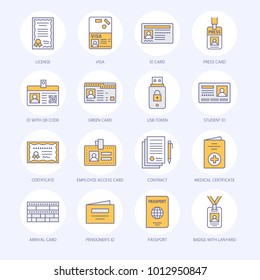 Documents, identity vector flat line icons. ID cards, passport, press access student pass, visa, migration certificate, token, legal contract illustration. Notarial office signs.