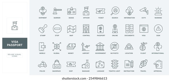 Documentos com informações e foto, carimbo fino preto esboço símbolos ilustração vetorial. Passaporte e bilhete de identidade, visto comercial e turístico, identificação legal no conjunto de ícones de linha do país.
