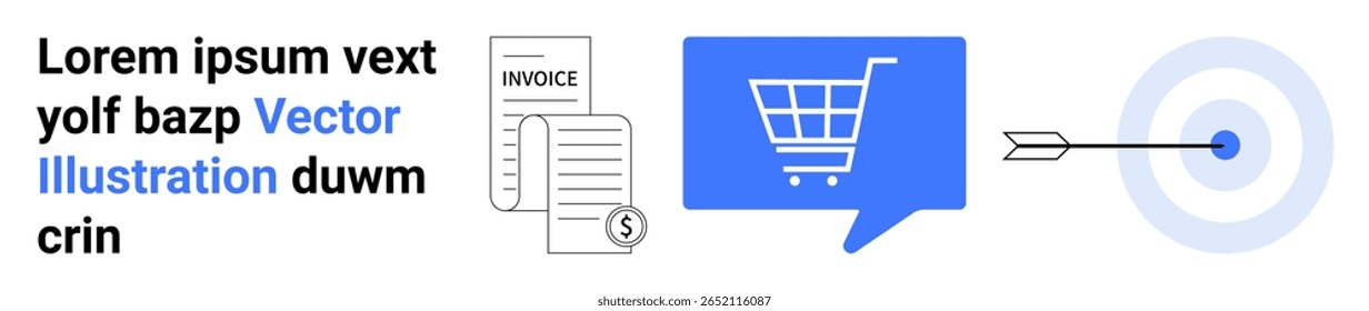 Documentos, fatura, balão de fala com carrinho de compras e alvo com uma seta simbolizam negócios on-line, comércio eletrônico, definição de metas, transações financeiras e estratégias de marketing. Ideal