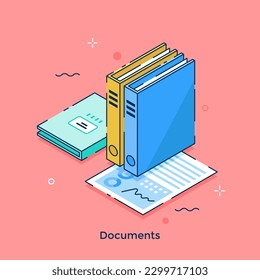 Documents isometric concept vector illustration. Organization of office paperwork. Archive cartoon composition on pink background for web design. Creative idea for website, mobile, presentation