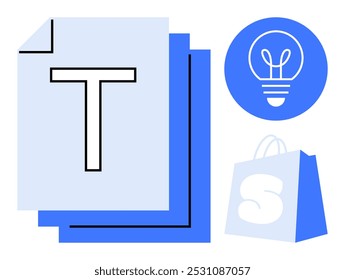 Documents with a large T letter, a light bulb icon, and a shopping bag. Ideal for business, technology, ecommerce, education, and creativity themes. Minimalist, modern, and flat style