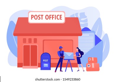 Documents, Letters Express Courier Delivering. Postal Services. Post Office Services, Post Delivery Agent, Post Office Card Accounts Concept. Pinkish Coral Bluevector Isolated Illustration