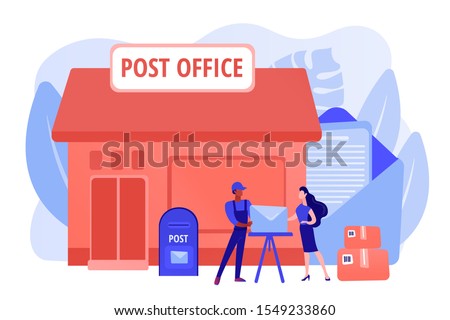 Documents, letters express courier delivering. Postal services. Post office services, post delivery agent, post office card accounts concept. Pinkish coral bluevector isolated illustration