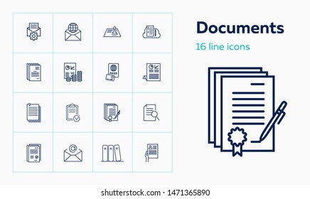 Documents line icon set. Agreement, certificate, application. Paperwork concept. Can be used for topics like business, archive, contract signing