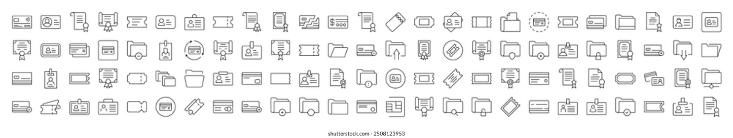 Documents Line Icon Set. Contains Icons of Documents, Cards, Awards, Folders, Badges that Can Be Used for Design of Cards, Posts, Apps, Web Sites