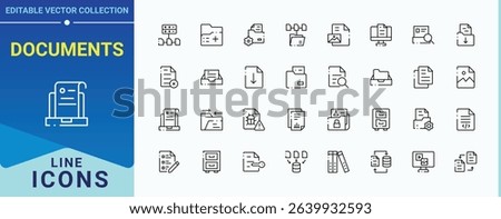 Documents line icon set. Contains such icons as document, form, page, doc, note and more. Files related icon set. Minimal thin line web icons set. Pixel perfect. Editable vector.
