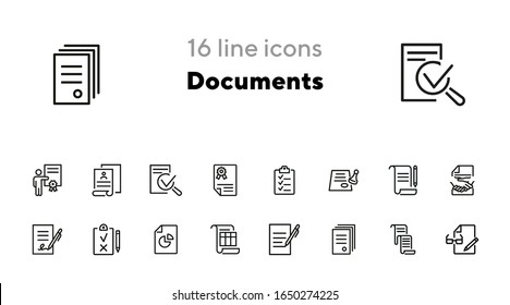 Conjunto de iconos de línea de documentos. Conjunto de iconos de línea en fondo blanco. Concepto de oficina. Contrato, informe, portapapeles. La ilustración vectorial se puede utilizar para temas como trabajo de oficina, reunión, correo postal