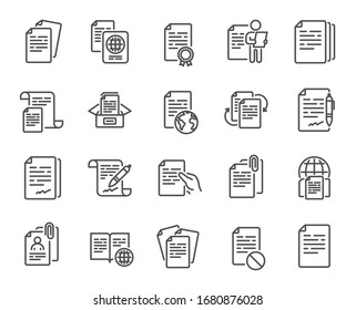 Documents line icons. Copy files, Contract agreement, Passport. CV interview, documents workflow, attachment clip icons. Change files, wrong document, bureaucracy and contract signature. Vector