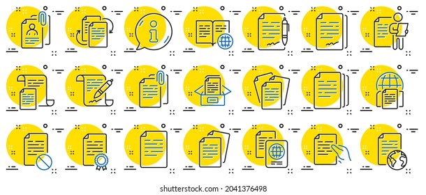 Documents line icons. Copy files, Contract agreement, Passport. CV interview, documents workflow, attachment clip icons. Change files, wrong document, bureaucracy and contract signature. Vector