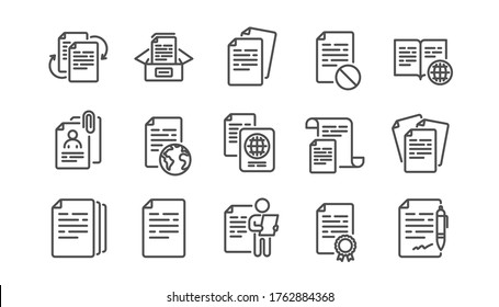 Documents line icons set. Contract agreement, Passport, Copy files. CV interview, documents workflow, attachment clip icons. Change files, wrong document, bureaucracy and contract signature. Vector