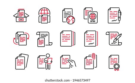 Documents line icons set. Copy files, Contract agreement, Passport. CV interview, documents workflow, attachment clip icons. Change files, bureaucracy and contract signature. Linear set. Vector