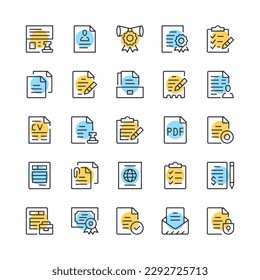 Documents line icons. Set of document icons. Black, blue and yellow colors. Modern outline graphic design. Vector line icons set