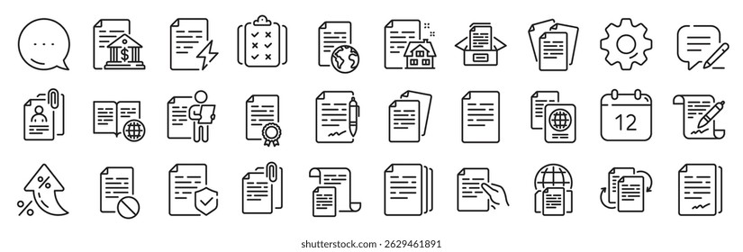 Ícones de linha de documentos. Configurações engrenagem, mensagem, ícones de inflação. Copiar arquivos, Contrato, Passport. Entrevista CV, fluxo de trabalho de documentos, ícones de clipe de anexo. Vetor