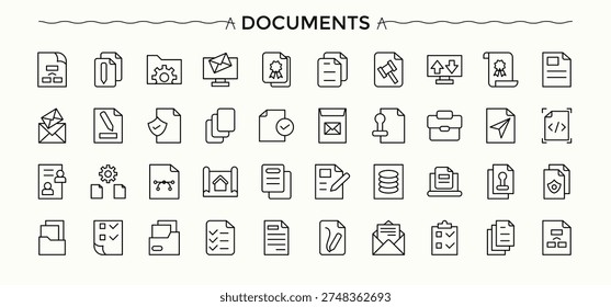 Documents linear icon collection. Document vector line icon set. Featuring note, contract, folio, pad, letter, form, paper and more. Editable stroke collections.