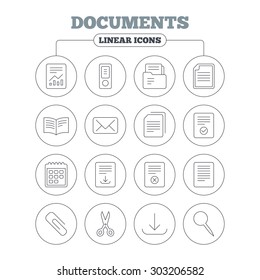 Documents linear icons. Accounting, book and calendar symbols. Paper clip, scissors and download arrow thin outline signs. Mail envelope and file chart. Circle buttons on white. Vector