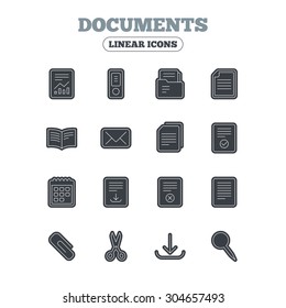 Documents linear icons. Accounting, book and calendar symbols. Paper clip, scissors and download arrow thin outline signs. Mail envelope and file chart. Line icon with black border. Vector
