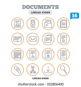 Documents linear icons. Accounting, book and calendar symbols. Paper clip, scissors and download arrow thin outline signs. Mail envelope and file chart. Circle buttons on white. Vector