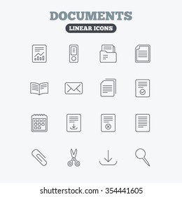 Documents linear icons. Accounting, book and calendar symbols. Paper clip, scissors and download arrow thin outline signs. Mail envelope and file chart. Linear icons on white background.
