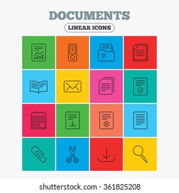 Documents linear icons. Accounting, book and calendar symbols. Paper clip, scissors and download arrow thin outline signs. Mail envelope and file chart. Linear icons in colored squares.