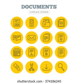 Documents linear icons. Accounting, book and calendar symbols. Paper clip, scissors and download arrow thin outline signs. Mail envelope and file chart. Linear icons on yellow buttons.
