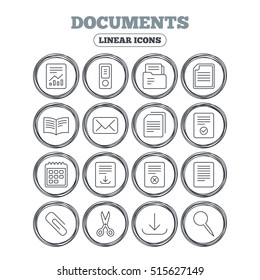 Documents linear icons. Accounting, book and calendar symbols. Paper clip, scissors and download arrow thin outline signs. Mail envelope and file chart. Circle flat buttons. Vector