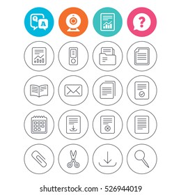 Documents linear icons. Accounting, book and calendar symbols. Paper clip, scissors and download arrow thin outline signs. Mail envelope and file chart. Report document, question and answer icons