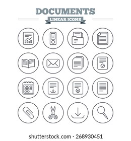 Documents linear icons set. Accounting, book and calendar symbols. Paper clip, scissors and download arrow thin outline signs. Mail envelope and file chart. Flat vector