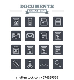 Documents linear icons set. Accounting, book and calendar symbols. Paper clip, scissors and download arrow thin outline signs. Mail envelope and file chart. Flat square vector