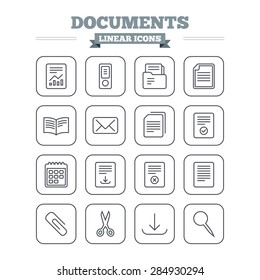 Documents linear icons set. Accounting, book and calendar symbols. Paper clip, scissors and download arrow thin outline signs. Mail envelope and file chart. Flat square vector