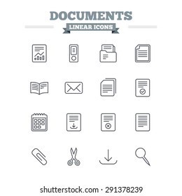 Documents linear icons set. Accounting, book and calendar symbols. Paper clip, scissors and download arrow thin outline signs. Mail envelope and file chart. Flat vector