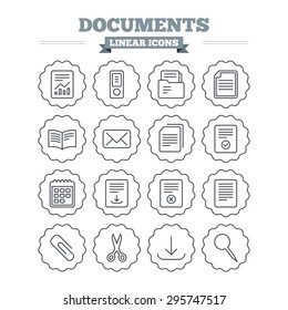 Documents linear icons set. Accounting, book and calendar symbols. Paper clip, scissors and download arrow thin outline signs. Mail envelope and file chart. Flat vector