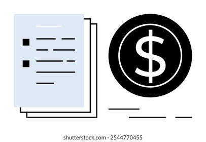 Documents with lines of text next to a dollar symbol in a black circle. Ideal for finance, business, contracts, legal, accounting. Minimalistic vector style with black and blue colors