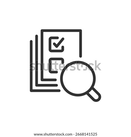 Documents with magnifying glass and checkmark, linear icon. audit, review or research. Line with editable stroke.
