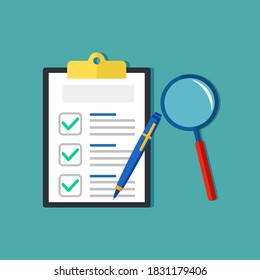 Documents and magnifying glass. Concept of analysis and strategy development