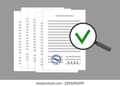 Documents and magnifying glass with green tick. Concept of scrutiny inspection of business papers, agreement checking for compliance with legality and  standards, contract approval
