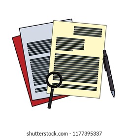 Documents and magnifying glass with pen