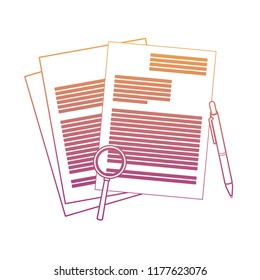 Documents and magnifying glass with pen rainbow lines