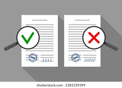 Documentos y gafas de aumento con garrapata verde y cruz roja. Concepto de control de la inspección de los documentos de trabajo, control del cumplimiento de la legalidad, conocimientos jurídicos básicos