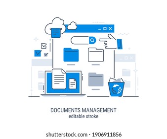 Documents management. File manager, data storage. Files search. Editable stroke vector illustration.