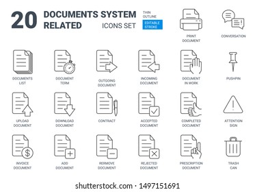 Documents management system icons set for application ui. Set of documents related symbols with flat outline style contains invoice, prescription, download, upload, add, remove, accepted, attention.