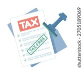 Documents marked with a tax-free stamp, symbolizing exempt transactions, duty-free status, and financial paperwork without applied taxes. flat design illustration on background.