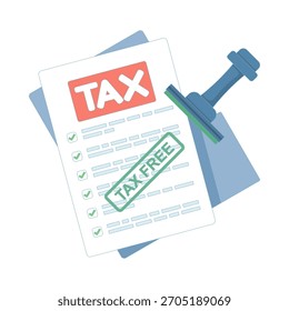 Documentos marcados com um carimbo de isenção de imposto, simbolizando transações isentas, status de isenção de imposto e documentação financeira sem impostos aplicados. ilustração de design plano no plano de fundo.