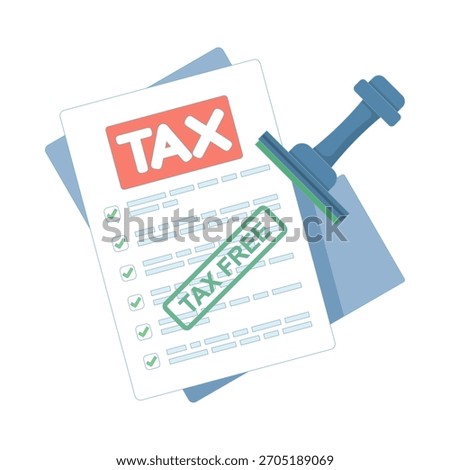 Documents marked with a tax-free stamp, symbolizing exempt transactions, duty-free status, and financial paperwork without applied taxes. flat design illustration on background.