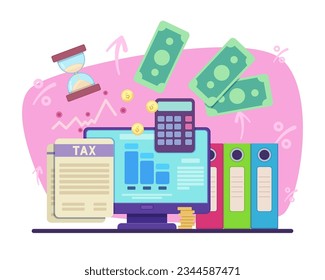 Documents and money as accounting elements vector illustration. Drawing of computer, calculator, taxes, objects for accounting, bookkeeping. Business, workplace, technology, finances, taxation concept