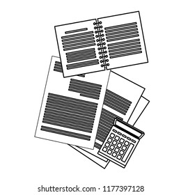 Documents and notebook with calculator in black and white