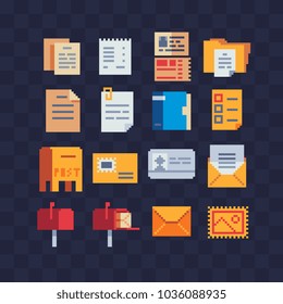 Documents office pixel art icon set clipboard, data, document, check list, note, envelope, message and mailbox isolated vector illustration. Element design for sticker, logo, web, mobile app. 8-bit.
